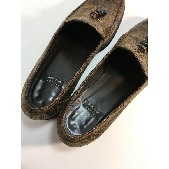 Stuart Weitzman Leather Snake Skin Loafers Brown 8 - Picture 10 of 10